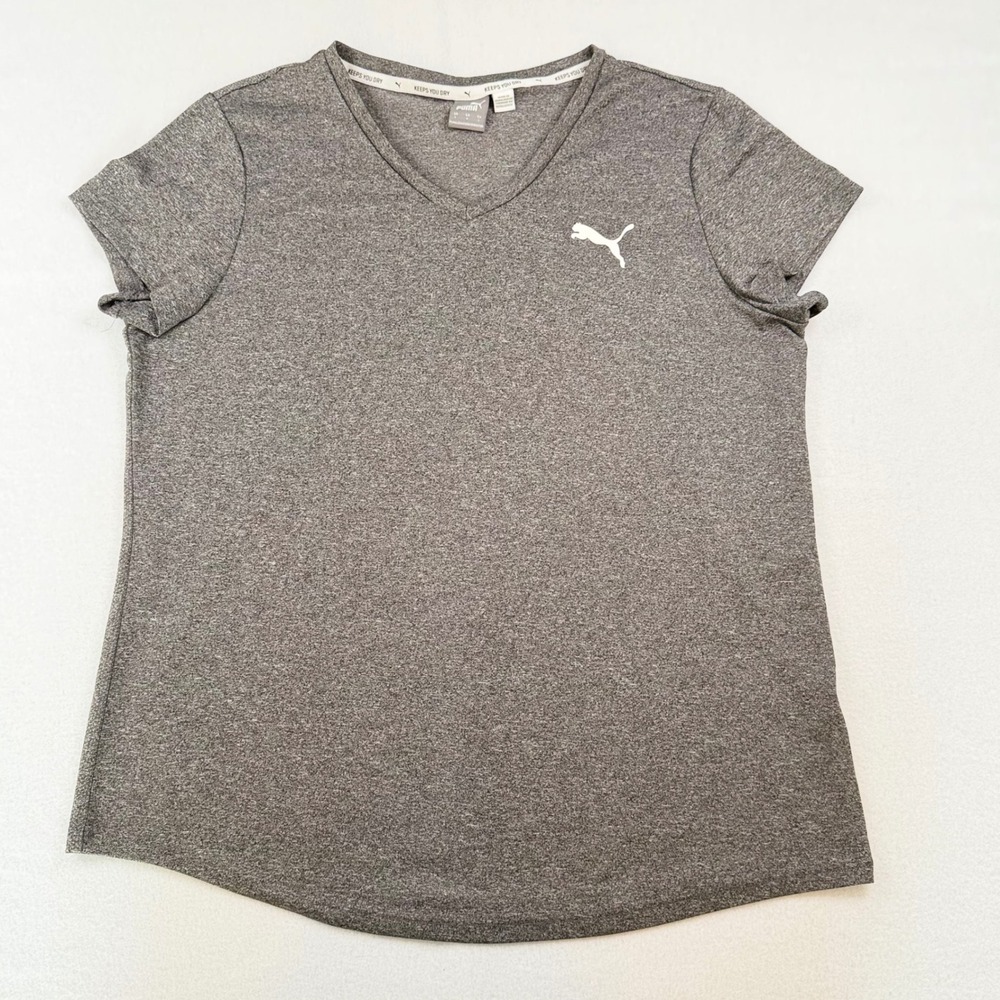 Puma Womens V-Neck Activewear T-Shirt Gray Heathered Short Sleeve Top Large